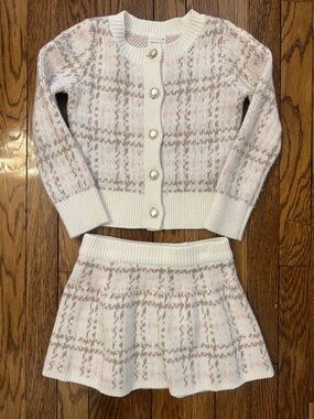abercrombie kids Cream and Light Pink Plaid Knit Cardigan & Skirt Set
